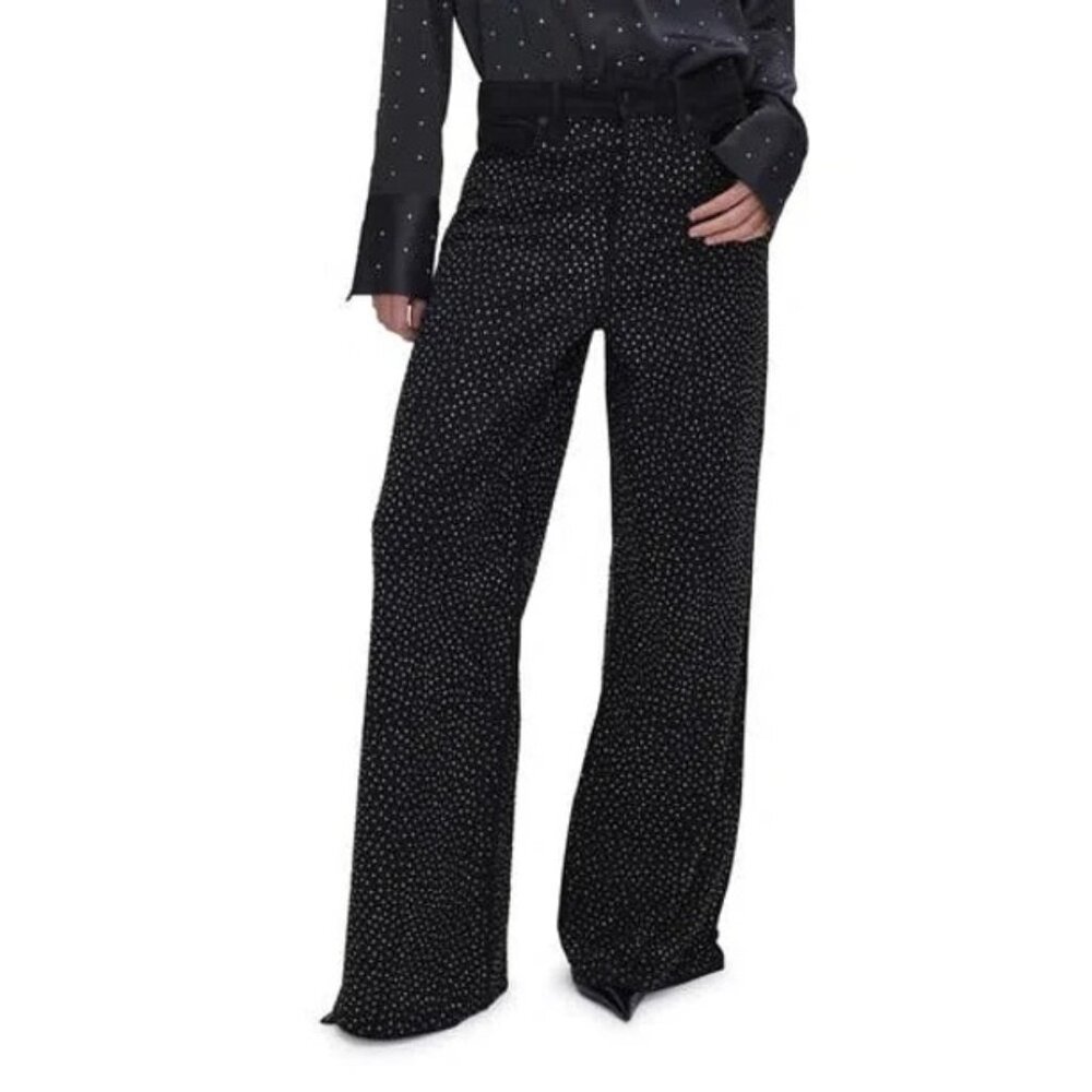 NWT Good American Good Ease Rhinestone Wide Leg Jeans Black Size 22 Plus